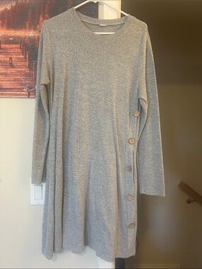 Cozy Gray Button-Side Crew Neck Sweater Dress